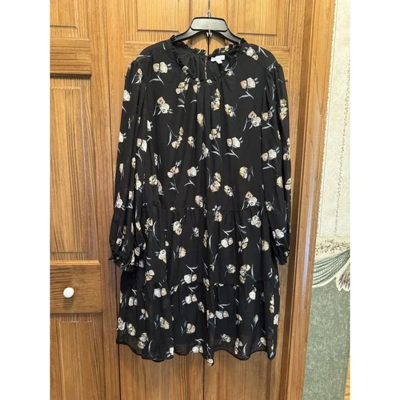 Ophelia Roe Floral Print Black A-Line Dress 2X Long Sleeves Cottagecore Fall - Picture 4 of 9